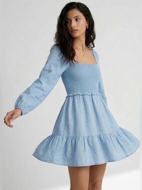 NWT Aritzia Wilfred Tempest 100% Linen Mini Dress Chambray Buoy Blue Size XL